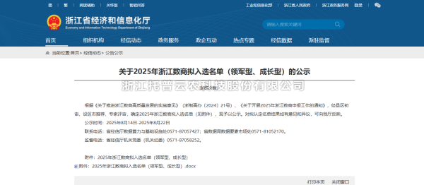 喜讯！托普云农入选2025年“领军型”浙江数商名单